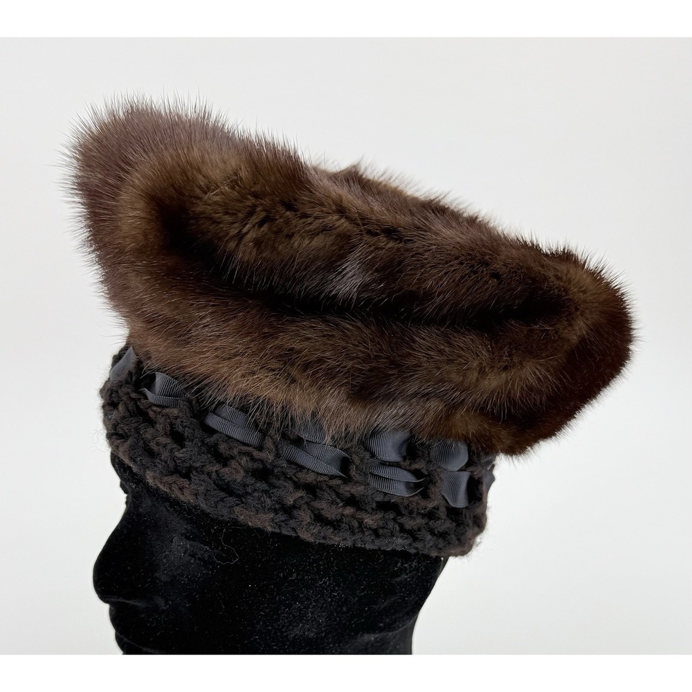 Amrose Vintage 1950s/60s Brown Mink & Crochet Fur Hat‎ Size XS Extra Small